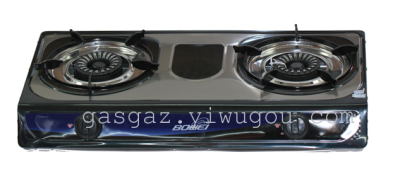 The large curved stainless steel surface of the gas stove is covered with a double-head stove.