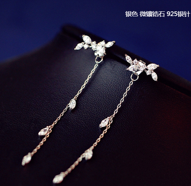 925 Sterling Silver Earrings Shin Min A zircon leaves female long fringed Leaf Earrings