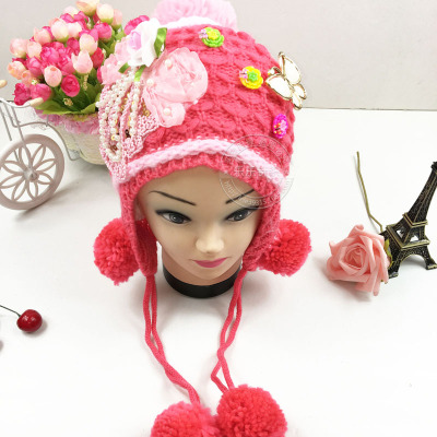 2015 new winter lovely children cap knitted hat butterfly flower girl hat factory