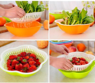 Kitchen Thickened Plastic Double-Layer Drain Basket Washing Vegetable Basket Plum Blossom Large Fruit Plate Vegetable Basket Storage Basket