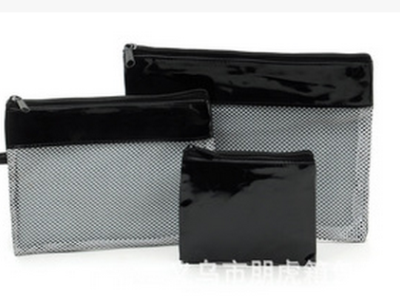 Household Three-Piece Set Patent Leather Mesh Stitching Change Cosmetic Bag Storage Wash Bag