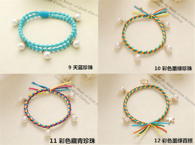 Korea rubber band tied high elastic hair Rope Bracelet five pearl 66