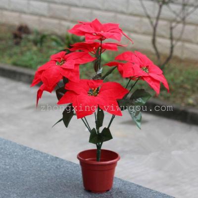 The 5 head Poinsettia flower simulation Christmas goods Red Christmas flower decoration engineering Hotel
