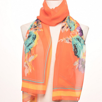 Chiffon long silk scarves floral print striped scarf with a shawl in summer.