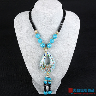 National wind fashion retro Necklace glass hanging to water drop sweater chain