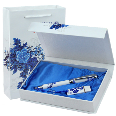 Pen U dish blue and white porcelain gift two pieces set custom logo business gifts.