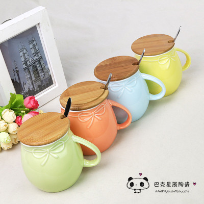Ceramic cup cute Mug Cup four-color milk cup of coffee cup with a lid with a spoon