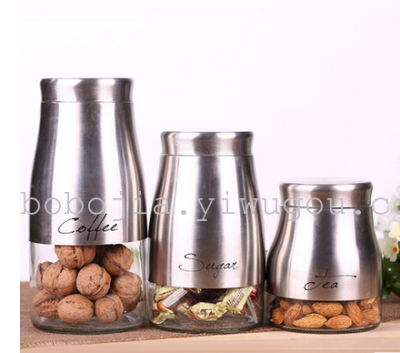 Sealed bottle food jar Sealed glass storage tank fashionable stainless steel sheathed lead - free environmental protection glass jar