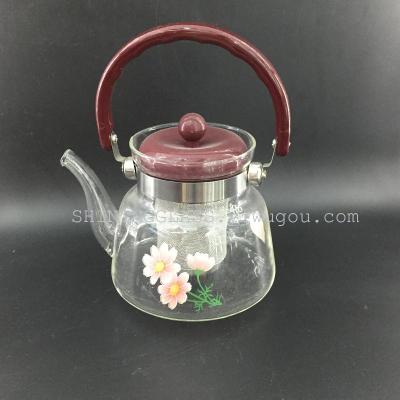 Glass pot with print, glass teapot  plastic handle big volume with plastic lid