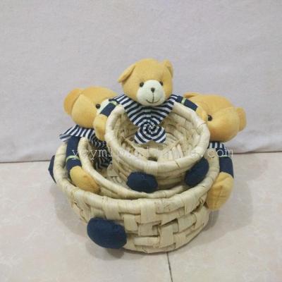 Three sets of handmade straw handicrafts bear hug Home Furnishing decorative gift storage basket basket