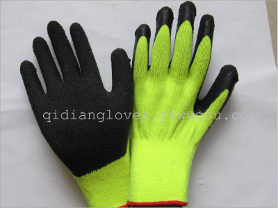 Green fluorescent gloves yarn black gloves gloves with Terry Terry velvet nap protective latex wrinkles