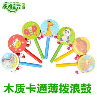 Temple fair hot selling baby traditional educational wooden baby toy Cartoon thin rattle puppet drum shake wholesale