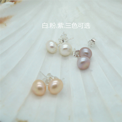 8mm925 Silver Needle Natural Pearl Ear Studs