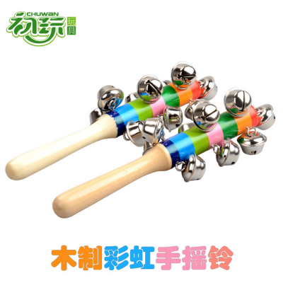 Wooden Cartoon baby ring bell rainbow round hand bell baby music toy toy selling early education toys