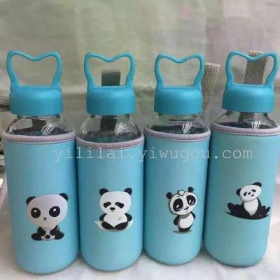 Cartoon glass water cup with cloth cover and handle rope portable handy cup