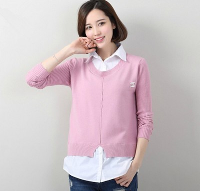The new women's loose shirt collar sleeve head fake two coat sweater female knitted shirt