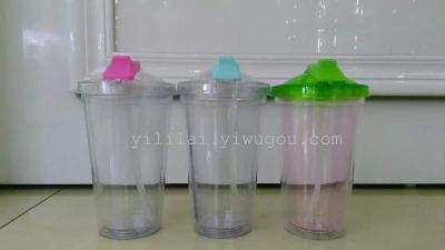The Double layer plastic cup advertising cup slide cover straw cup juice cup can be customized LOGO pattern