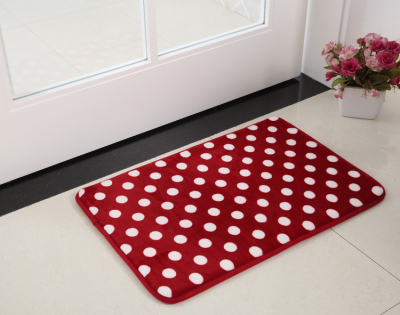 Coral fleece bathmat bathroom floor mat with polka dot door mat.