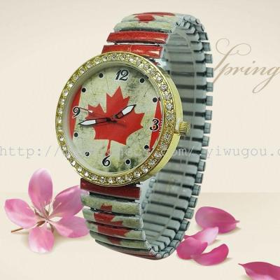 The flag of retro spring elastic belt printing alloy watchband Sports Watch