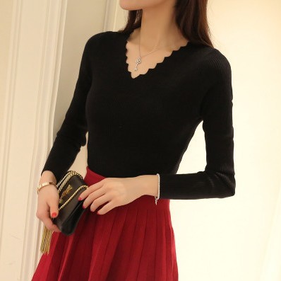 New simple V collar sweater slim bottoming sweaters female long sleeved shirt sleeve head