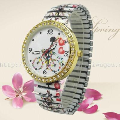 Spring girl cartoon watch strap elastic belt printing pattern alloy watch