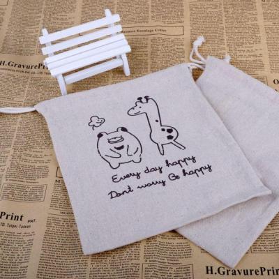 Beige Cotton and Linen Sack Small Cartoon Drawstring Bag Cute Drawstring Bag Customizable Pattern