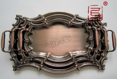 Grape Flower Square Plate Red Copper Plated. Bronze Three-Piece Plate Arab Plate