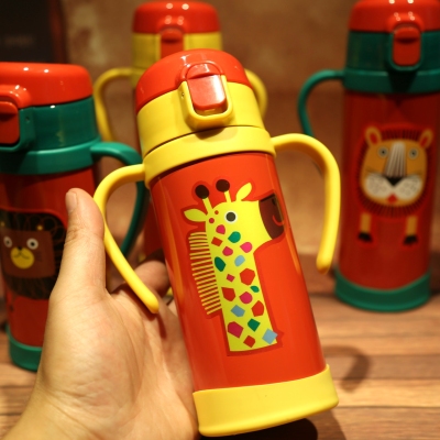 Stainless Steel Vacuum Insulated Mug Cartoon Water Bottle With Straw Mugwith Straw Double Handle Portable Water Cup