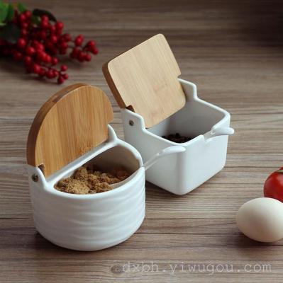 Creative European Ceramic flip cruet seasoning bottle pot seasoning box with spoon sauce pot