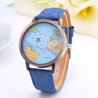 World map plane pin watch women's wear men's denim canvas leather belt Rome quartz watch