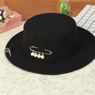 Wide Brim Hat Top Hat Women's Trendy British Fashion Korean Style Autumn and Winter Iron Hoop Anti-DDoS Pin Pearl Woolen Hat