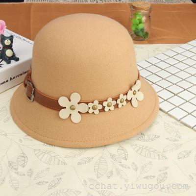 Korean Bucket Hat Felt Cap Women's Dress Hat Bucket Hat New Pure Wool Woolen Flower Belt Bowler