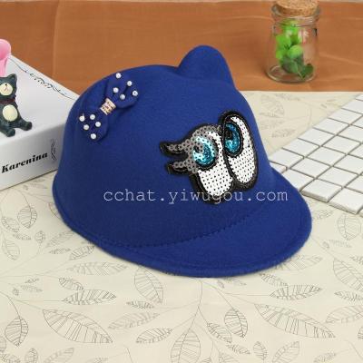Korean Autumn and Winter Children's Hat Cute Equestrian Hat Parent-Child Big Eyes Bow Ears Solid Color Peaked Cap