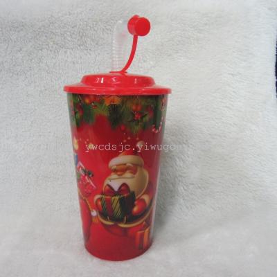 Creative pattern Straw cup plastic cup with a cover of portable Christmas gift cup cup