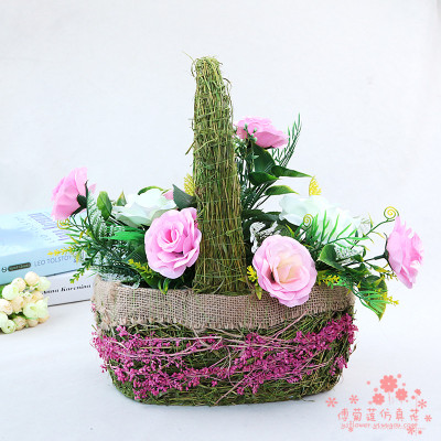 Small fresh rose flower flower simulation room Home Furnishing straw basket set jewelry ornaments