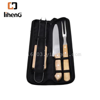 Outdoor three piece BBQ set of stainless steel wood handle with set stainless steel handle
