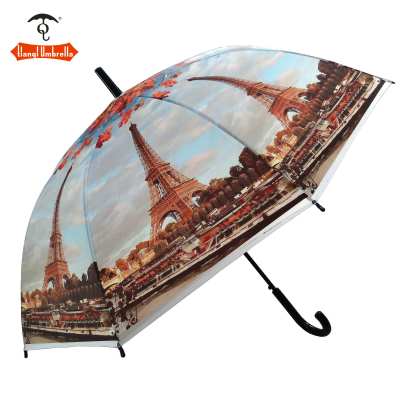 Anti ultraviolet ray non transparent Paris iron tower straight rod environmental protection transparent umbrella