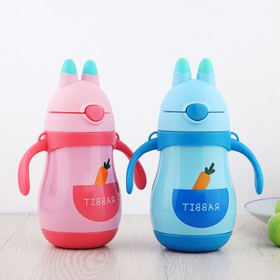 Creative rabbit children straw insulation cup with handle cute children portable stainless steel kettle cartoon cup