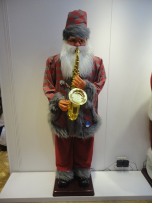 91231.8 meters Santa Claus wearing a grid clothing ash while blowing Sax dancing Christmas gifts