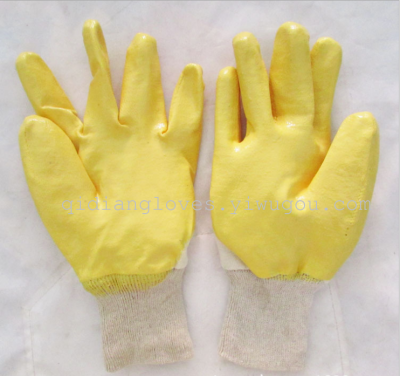 Yellow nitrile glove flannel cuff oil wear cotton half dipping corrosion protective gloves