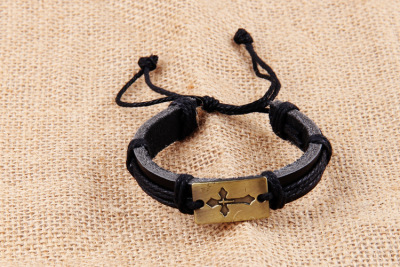 Hand woven leather bracelet classic peace sign cross pattern alloy bracelet