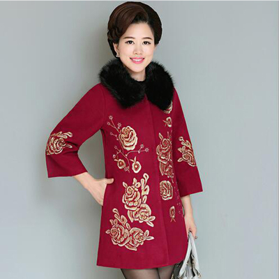 In the old thick wool coat embroidered retro detachable collar nine sleeve mother dress coat