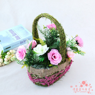 Fresh Rose Fake Flower Artificial Flower Living Room Home Straw Baskets Set of Ornaments Decoration