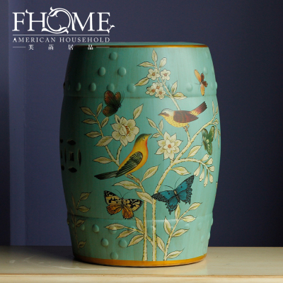 American village guard yellow flower ceramic drum stool retro decoration furniture, decorative arts and crafts