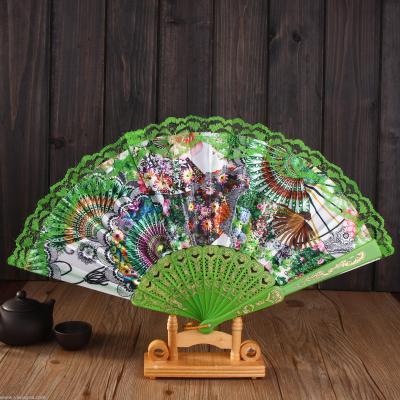 Manufacturer direct selling bronzing color rod lace fan in satin print dance fan lady fan gift fan