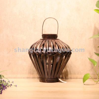 Southeast Asian Style Handmade Bamboo and Wood Woven Lantern Candlestick X0053