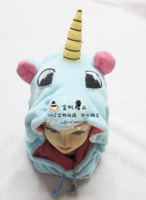 Export European and American cartoon unicorns head set hat flannel drawstring head set for adult children.