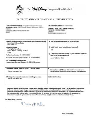 Disney authorization certificate production certification supplier hua yi rain gear