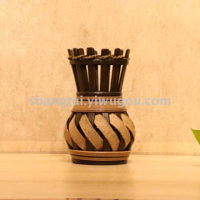 Chinese Retro Southeast Asian Style Handmade Bamboo Woven Vase Flower Flower Container X00299