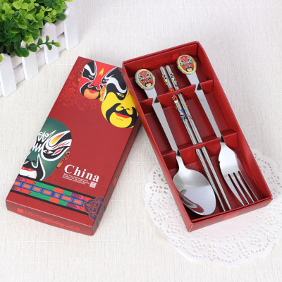 Chinese style facebook chopsticks spoon fork three-piece gift set set stainless steel chopsticks gifts.